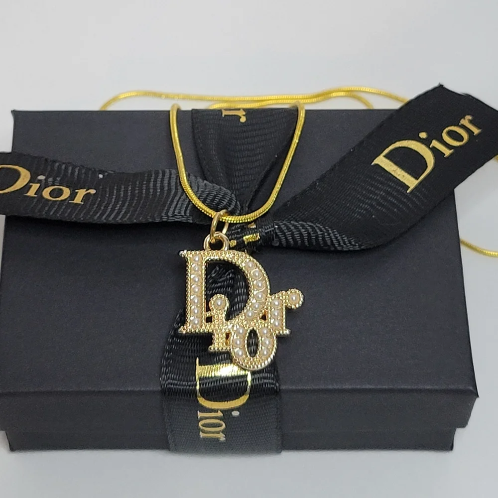 Dior Pearl Gold Zip Pull, Pendant, 18" Gold Plated Chain, Necklace, Box & Bow - Picture 2 of 4
